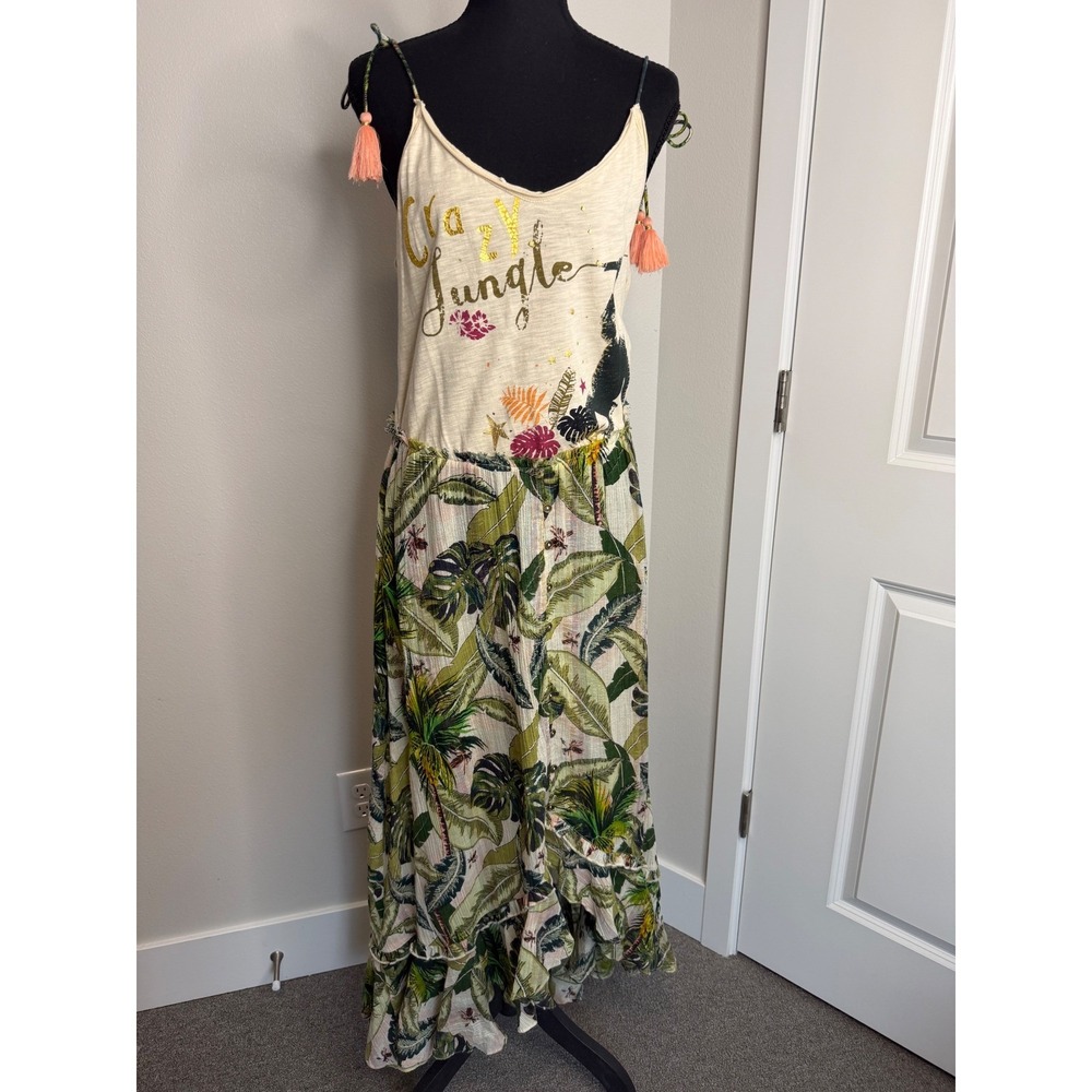 ZLeurope Crazy Jungle Tropical Palm Print Maxi Dress Cream Green Large